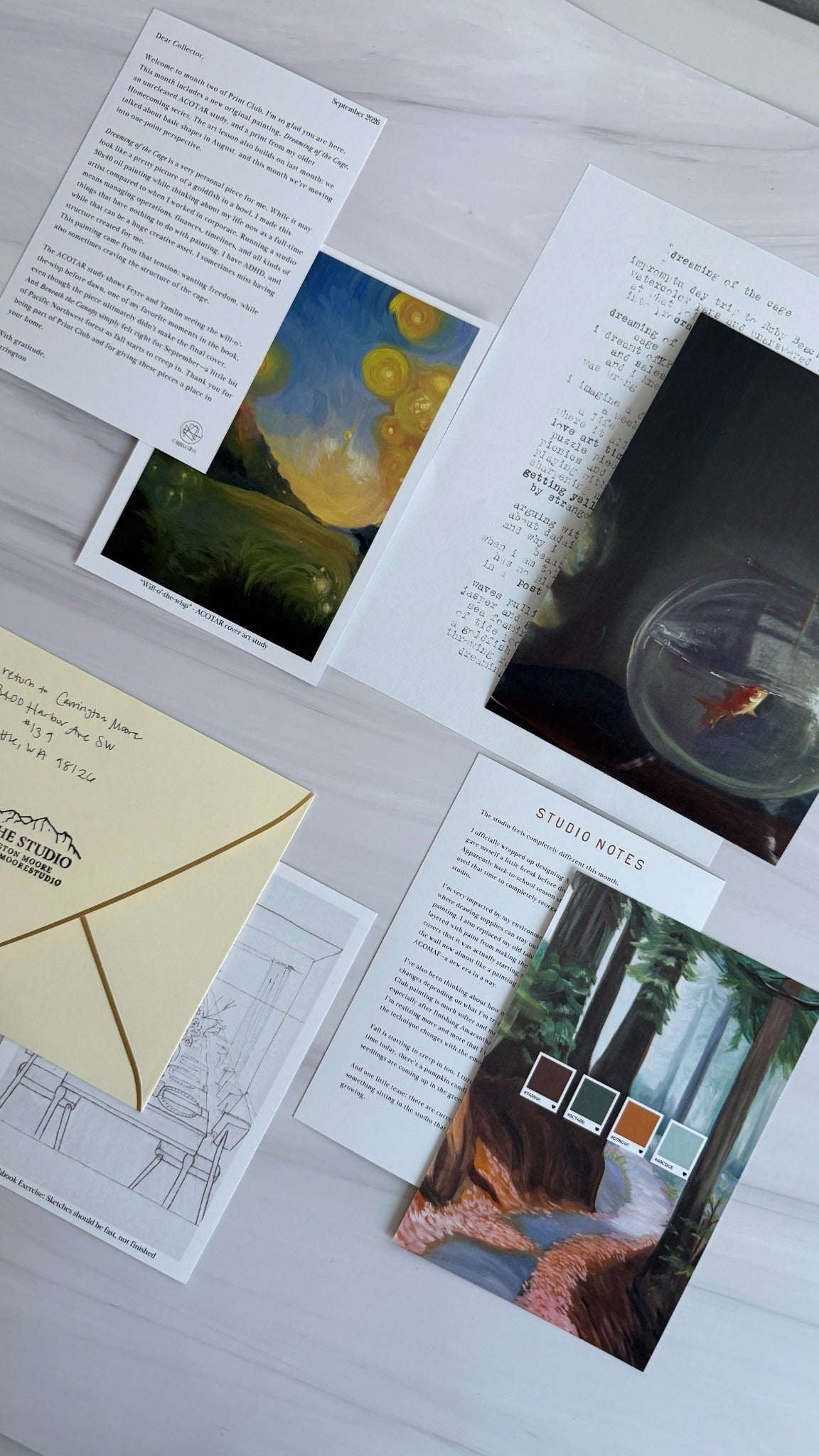 A past Print Club package with fine art prints, a studio letter, poetry, an art lesson, and behind-the-scenes sketches.